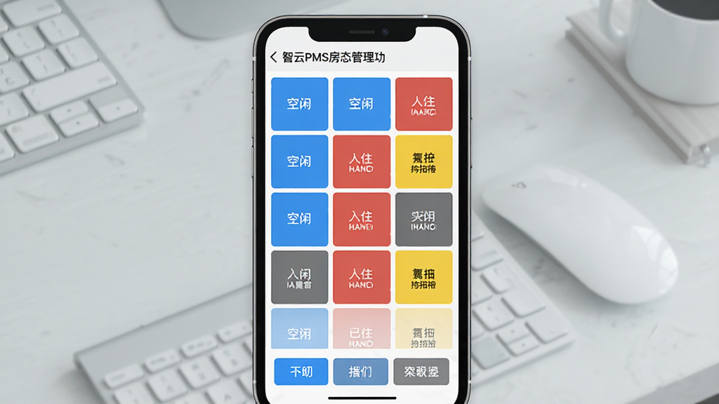 一张展示智云PMS房态管理功能的界面截图风格图片,画面主体为手机屏幕,屏幕内显示彩色房态方块网格,蓝色代表空闲、红色代表已入住、黄色代表待打扫,底部有操作按钮,背景为浅灰色办公桌面,风格简约现代,画质清晰干净,无多余元素