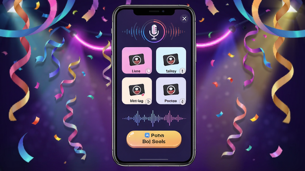 Party Mimic��װ������������չʾ����������Ϊ�ֻ���Ļ����Ļ�ڳ��ֶ���������ѡ������������ť������Ϊ�ɶԲʴ����޺�ƹ⣬����ͻ�������־��жԳƣ������ÿ�ͨ��ϸ�ڰ�����˷�ͼ�����������������������ɾ����޶���Ԫ��