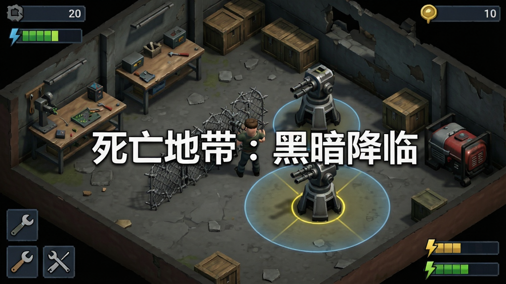 游戏基地建造界面示意图,画面展示俯视角的废弃仓库内部,玩家正在放置铁丝网与自动机枪塔,周围有工作台、储物箱和发电机,界面角落显示资源数量,画面中央用白色字体标注