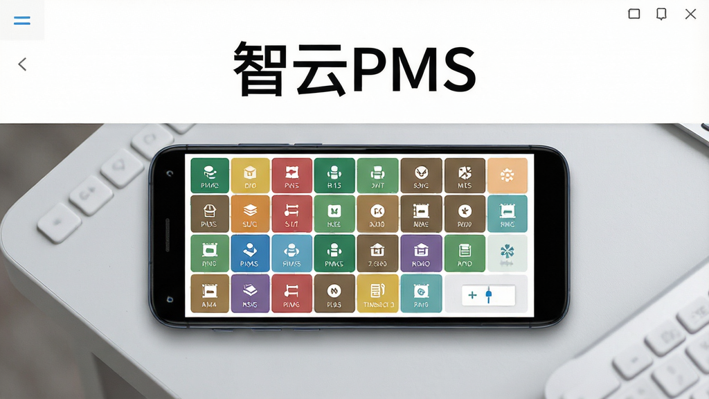 智云PMS手机端房态管理界面展示图,画面主体为一部安卓手机,屏幕显示彩色房态网格,布局为手机居中放置于浅灰色桌面,排版上方留白处写有“智云PMS”软件名称,风格为清爽简约的商务科技风,细节上房态方块颜色分明、图标清晰,画质高清,画面干净,无多余元素