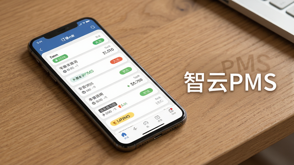 智云PMS订单管理功能展示图,画面主体为一部手机屏幕显示订单列表页面,布局采用手机斜放于木质桌面,排版右侧放置“智云PMS”文字水印,风格为温暖商务风,细节上订单卡片信息完整、状态标签颜色醒目,画质高清,画面干净,无多余元素