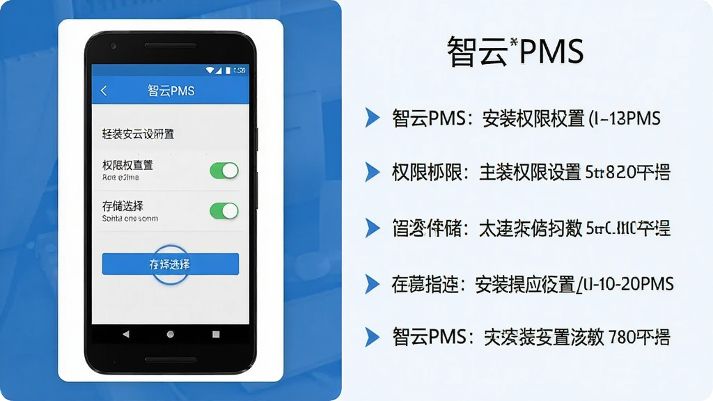 智云PMS安装配置流程图,画面主体为一部安卓手机展示安装权限设置界面,布局采用左右分栏,左侧为手机截图右侧为文字说明区,排版清晰标注“智云PMS”操作步骤,风格为简洁教程风,细节上突出权限开关和存储选择按钮,画质高清,画面干净,无多余元素