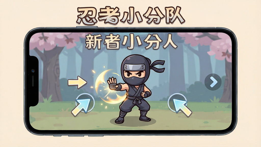 忍者小分队新手操作界面预览图,画面展示手机屏幕中游戏新手引导界面,一位忍者角色正在演示技能释放,屏幕上有箭头指引点击位置,画面上方用中文书写