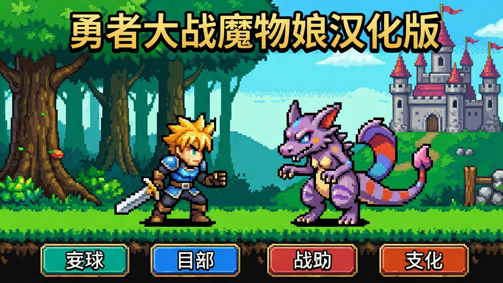 勇者大战魔物娘汉化版游戏主界面,画面中央是像素风格勇者角色与魔物娘对峙的场景,背景为奇幻森林与城堡,顶部显示游戏标题