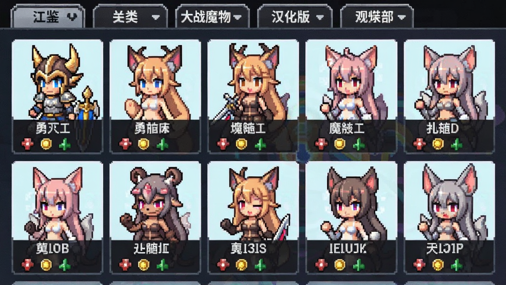 勇者大战魔物娘汉化版角色图鉴界面,画面展示多个魔物娘角色的像素立绘排列成网格状,每个角色下方显示名称与属性图标,界面顶部有分类筛选标签,整体风格清新明亮,像素画风细腻,排版整齐,画质干净,无多余元素