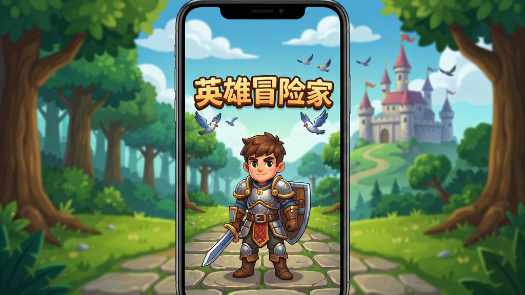 英雄冒险家游戏主界面,一位身穿铠甲的年轻冒险家站在奇幻大陆的入口处,前方是茂密的森林和远处的城堡,画面中央有游戏标题“英雄冒险家”,整体布局为竖版手机屏幕比例,风格为卡通奇幻冒险风,细节包括角色装备纹理、地面石板路、天空云朵与飞鸟,画质清晰明亮,干净整洁,无多余元素