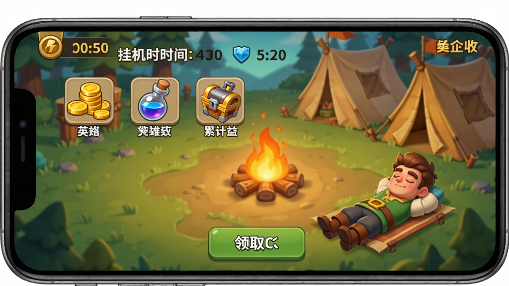 英雄冒险家离线挂机收益界面,手机屏幕显示挂机时长和累计收益,包括金币堆、经验药水、装备宝箱等图标,背景为营地场景,有篝火和帐篷,风格为温暖卡通,细节包括数字显示、领取按钮、角色休息动画,画质清晰,干净无多余元素