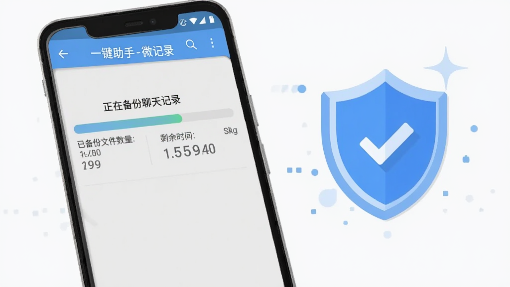 一部安卓手机屏幕显示聊天一键备份助手-微记录的备份进度条界面,进度条显示