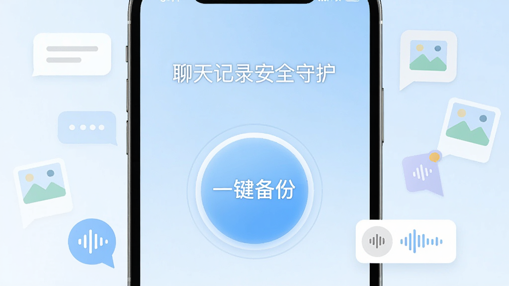 一张手机屏幕正面展示聊天一键备份助手-微记录软件主界面,界面中央有醒目的