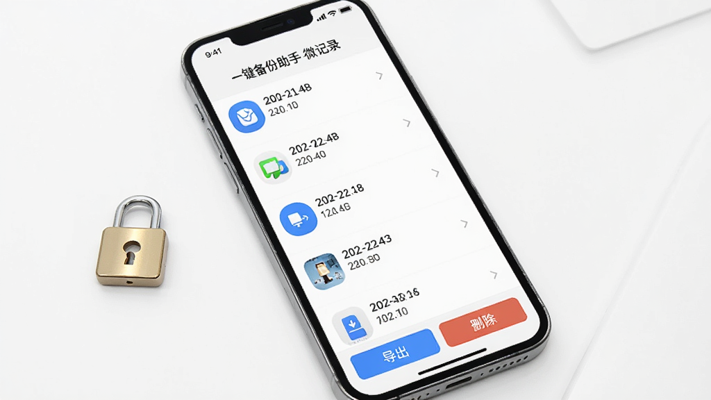 手机屏幕展示聊天一键备份助手-微记录的文件管理界面,列表中显示多个备份包,每个备份包标注日期和大小,界面底部有