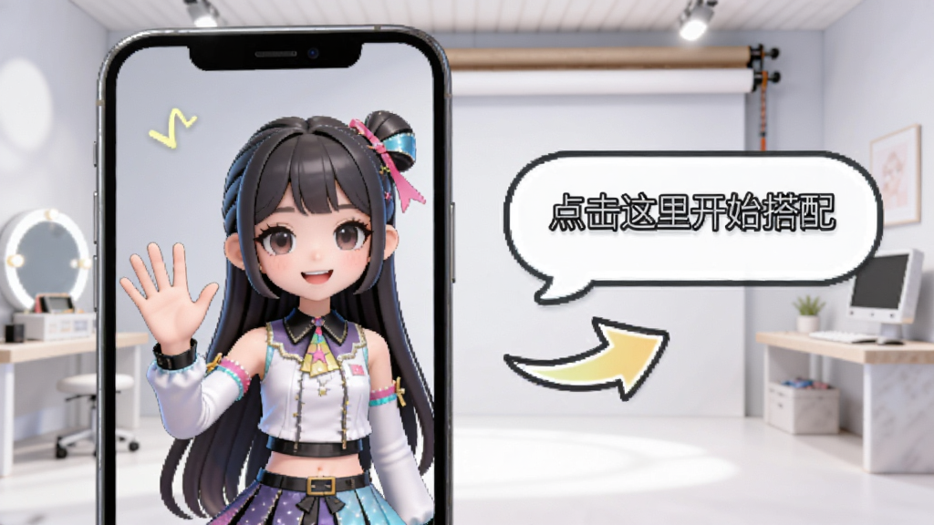 闪耀的我新手操作引导界面插图,展示手机屏幕中一位虚拟偶像女孩正在向玩家挥手示意,旁边有箭头指向
