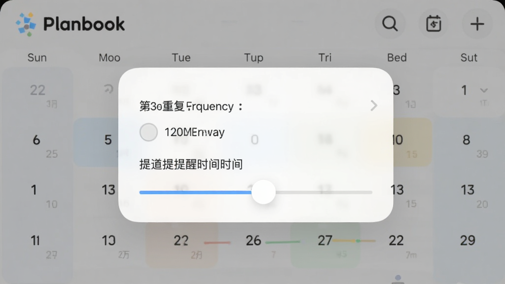 一张Planbook软件提醒设置界面的手机截图,画面中显示一个弹出窗口,内有重复频率选项和提前提醒时间滑块,背景为浅色日历界面,风格柔和圆角,画质清晰,干净无多余元素