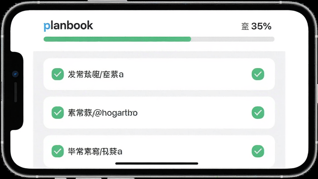 一张Planbook软件任务清单界面的手机截图,画面中显示多个任务条目,部分已勾选完成并显示绿色对勾,顶部有进度条显示完成百分比,背景为白色卡片式布局,风格清新浅色,画质清晰,干净无多余元素