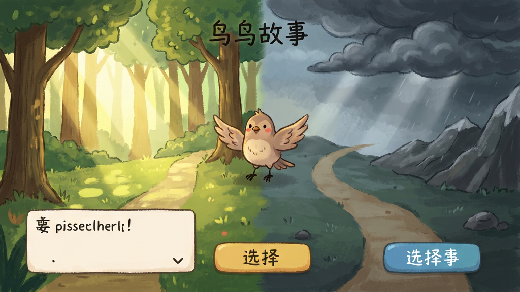 鸟的故事游戏剧情选择界面,画面中央是一只小鸟面对两条不同的飞行路线,左侧是阳光明媚的森林,右侧是乌云密布的山谷,布局为竖版手机屏幕,排版清晰,风格治愈手绘,细节包括对话框、选择按钮和背景光影,画质高清,干净,无多余元素
