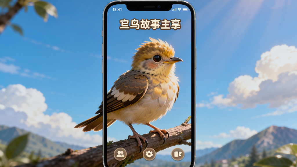 一只羽翼渐丰的小鸟站在树枝上,背景是广阔的蓝天和白云,阳光洒在羽毛上,画面中央是鸟的故事游戏主界面风格,主体突出小鸟形象,布局为竖版手机屏幕比例,排版简洁,风格治愈温暖,细节包括羽毛纹理、远处山峦和云朵,画质高清,干净,无多余元素