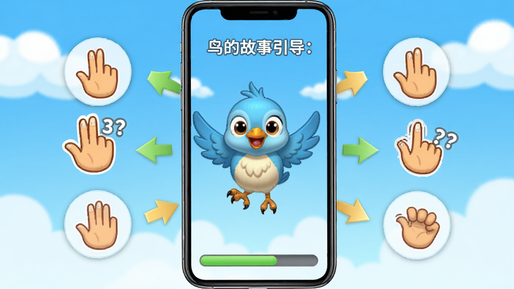 鸟的故事游戏新手引导界面,一只小鸟在屏幕上展示飞行操作手势,周围有箭头和提示文字,布局为竖版手机屏幕,排版清晰,风格简洁明快,细节包括手势图标、进度条和背景天空,画质高清,干净,无多余元素