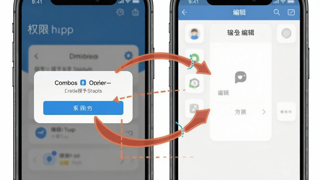 Combos新手操作示意图,手机屏幕显示权限授予弹窗与编辑界面,画面中有箭头标注关键操作步骤,风格简洁明了,配色清爽,画质清晰,无杂乱信息