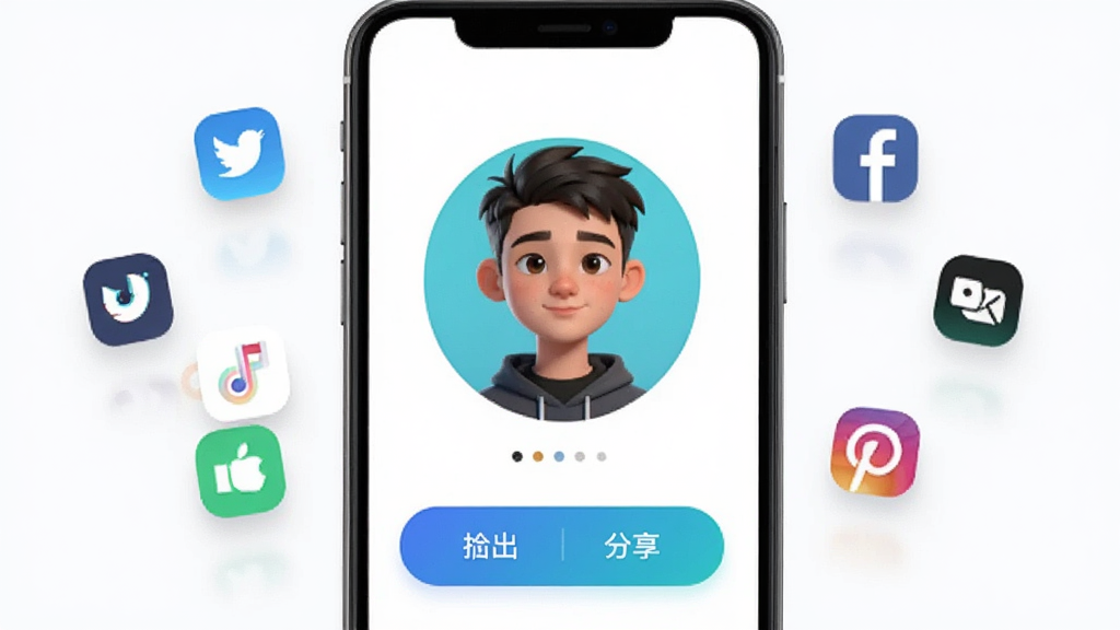 Combos导出分享功能展示,手机屏幕显示完成创作的头像,下方有导出与分享按钮,周围环绕社交平台图标,界面风格清爽,主体突出,画质清晰,无冗余元素