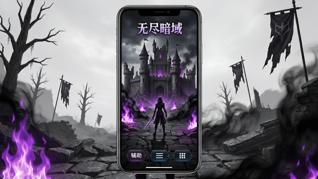 手机屏幕竖版展示暗黑风格游戏主界面,画面中央是角色站在废墟城堡前,四周环绕紫色火焰与黑色雾气,顶部显示游戏名“无尽暗域”,下方有辅助菜单悬浮按钮,布局简洁清晰,风格暗黑魔幻,细节包括破碎石板路、远处枯树与残破旗帜,画质高清,干净,无多余元素