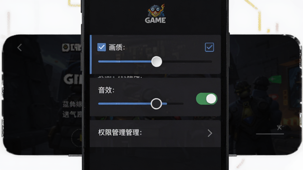 手机屏幕显示游戏设置界面,包含画质调节、音效开关、权限管理选项,背景是暗色游戏主菜单,布局为列表式,风格简洁实用,细节有勾选框、滑动条,画质清晰,干净,无多余元素