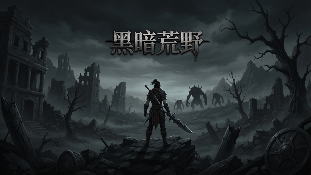 黑暗荒野游戏主界面,暗黑荒芜大陆背景,主角手持武器站在废墟之上,远处有怪物剪影,整体色调偏暗黑风格,画面中央有游戏标题文字