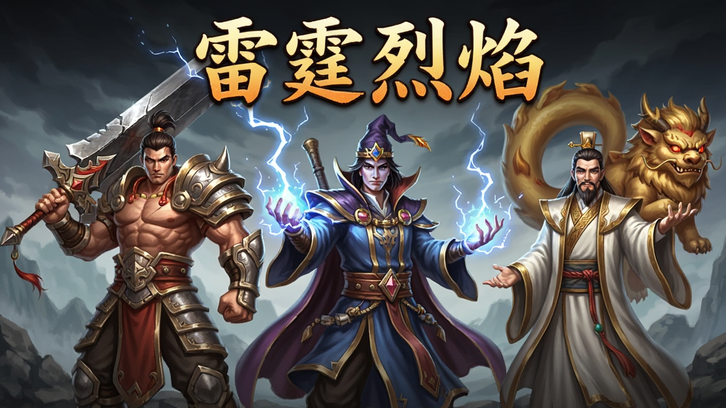 画面主体是三位身穿不同装备的传奇角色并排站立,左侧战士手持巨剑、中间法师凝聚雷电、右侧道士召唤神兽,布局为横向排列,排版上方居中写有'雷霆烈焰'四个大字,风格为东方玄幻游戏原画,细节突出装备质感与技能光效,画质高清,干净,无多余元素