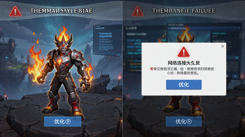 主体是雷霆烈焰游戏中的新手引导界面与常见报错弹窗对比图,布局为左侧展示角色创建页面、右侧展示网络连接失败提示,排版采用左右分栏,风格为游戏帮助文档插图,细节包括红色警告图标与蓝色优化按钮,画质高清,干净,无多余元素