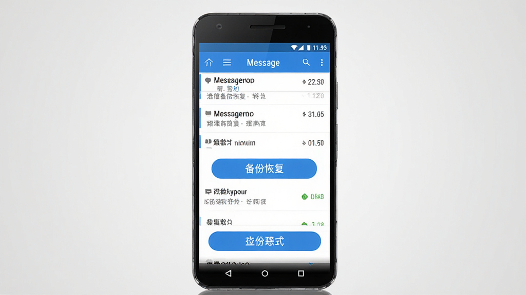 手机短信备份恢复查询软件主界面截图,画面中央展示一部安卓手机,手机屏幕上显示短信列表和备份恢复功能按钮,界面以蓝色和白色为主色调,风格简约清爽,背景为浅灰色渐变,画面干净整洁,高清画质,无多余元素