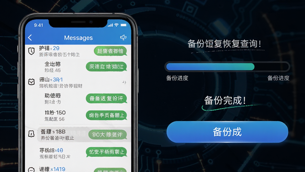 手机短信备份恢复查询一键备份功能展示图,画面左侧为手机短信列表界面,右侧为备份进度条和备份完成提示,界面采用蓝色渐变按钮设计,整体风格科技感十足,背景为深色系,突出备份功能的专业与高效,高清画质,画面干净无杂物