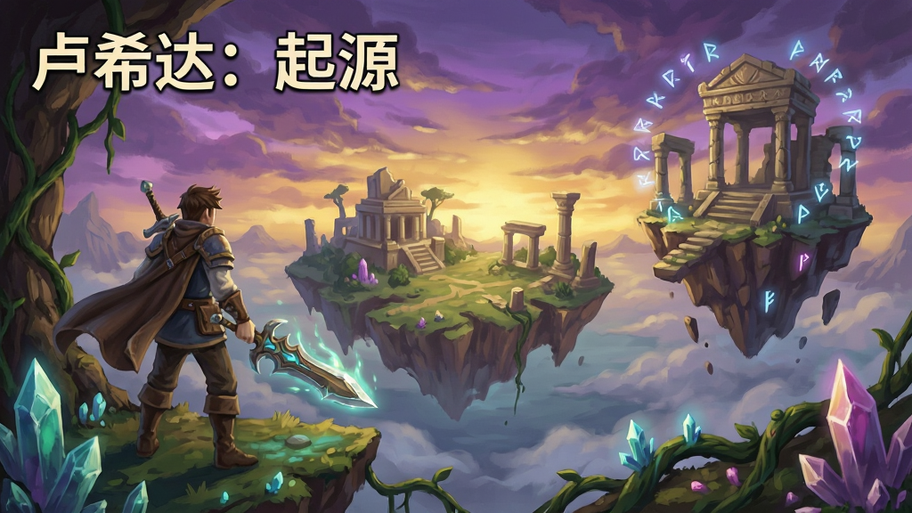 一张奇幻风格的游戏主视觉图,画面中央是神秘大陆卢希达的全景,左侧站立一位手持发光武器的冒险者主角,右侧漂浮着古代遗迹与魔法符文,天空呈现紫色与金色交织的晚霞,地面散布着发光的晶体与藤蔓,整体采用厚涂数字绘画风格,细节丰富,画质清晰,干净,无多余元素,画面中标注文字“卢希达:起源”
