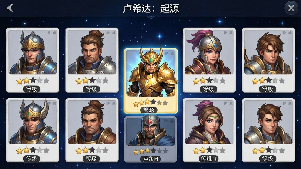 一张角色养成界面风格的图片,画面以网格形式展示十二位不同职业的游戏角色头像,每位角色下方有星级与等级标注,中央一位被高亮显示的角色身穿金色铠甲,背景为深蓝色星空,风格为游戏UI界面展示图,排版整齐,画质清晰,干净,无多余元素,画面顶部标注文字“卢希达:起源”