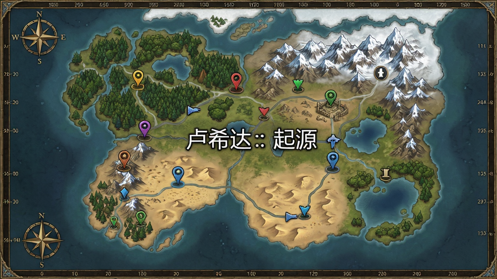 一张开放世界地图俯瞰图,画面展示游戏中的大陆全景,包含森林、沙漠、雪山、湖泊等多种地形,地图上标注有任务标记与传送点图标,边缘有指南针与坐标刻度,风格为奇幻游戏地图设计,色彩层次分明,画质清晰,干净,无多余元素,画面中央标注文字“卢希达:起源”