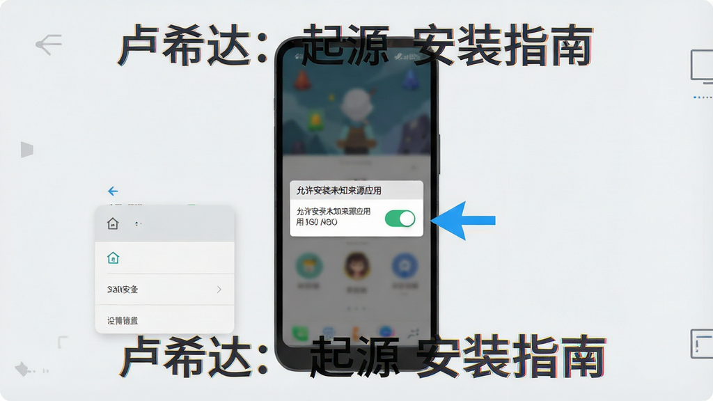 一张手机游戏安装教程示意图,画面展示一部智能手机屏幕,屏幕上显示“允许安装未知来源应用”的开关按钮被点亮,旁边有箭头指向设置菜单中的安全选项,背景为简洁的浅灰色,风格为扁平化UI示意图,排版清晰,画质干净,无多余元素,画面标注文字“卢希达:起源 安装指南”