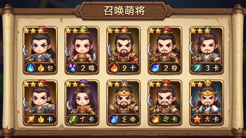 一张卡牌收集界面的游戏截图风格图片,画面中展示“召唤萌将”的武将图鉴界面,多位Q版武将卡牌整齐排列,卡牌上有星级标记和属性图标,界面采用木质边框与卷轴背景,整体风格古朴典雅又不失可爱,色彩丰富和谐,布局清晰,画质精细,干净无杂乱元素