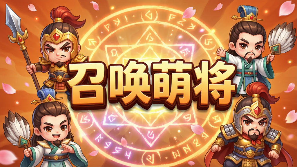 一幅精美的手机游戏宣传图,画面中央是“召唤萌将”四个大字,字体采用立体卡通风格,周围环绕着多位Q版萌系武将角色,有手持长枪的武将、挥舞羽扇的军师、身披铠甲的战士,角色表情生动可爱,背景是绚丽的魔法阵与飘落的花瓣,整体色调以暖橙色和金色为主,营造出热血与萌趣并存的氛围,画面布局饱满,主体突出,风格为日系Q版卡牌游戏宣传画,细节精致,画质高清,干净整洁,无多余元素