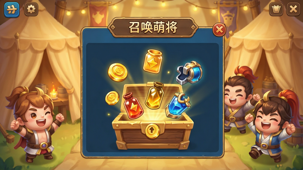 一张放置收益领取界面的图片,画面中“召唤萌将”的挂机收益面板打开,宝箱中飞出金币、经验丹、装备碎片等道具,背景是温馨的营帐场景,有萌将角色在旁边欢呼,整体色调温暖明亮,风格为休闲游戏UI界面,布局清晰直观,画质细腻,干净无多余装饰