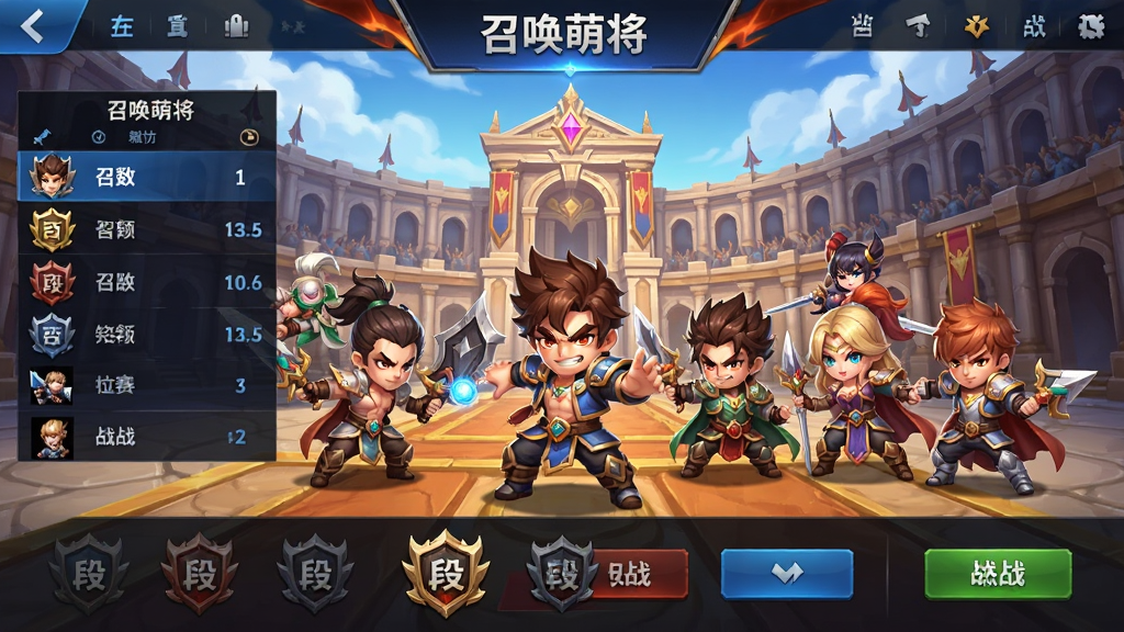 一张竞技场排位赛界面的图片,画面展示“召唤萌将”的竞技场大厅,有排行榜、段位徽章、对战按钮等元素,背景是宏伟的竞技场建筑,多位萌将角色摆出战斗姿态,整体风格为热血竞技主题,色彩对比强烈,布局对称,画质清晰,干净整洁
