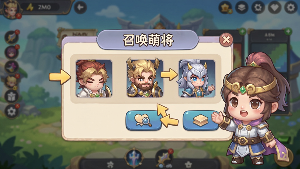 一张手机游戏新手引导界面的图片,画面展示“召唤萌将”的新手教程弹窗,有箭头指向各个功能按钮,旁边有萌将角色在讲解,背景是游戏主界面,整体风格为清新卡通,色彩柔和,布局清晰,画质精细,干净整洁