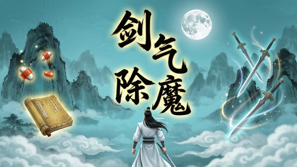 画面中央竖排书写着“剑气除魔”四个苍劲有力的毛笔书法大字,字体带有淡淡的金色光晕。背景是水墨风格的仙侠世界,远处的群山在云雾中若隐若现,近处有一位白衣剑修背对画面负手而立,脚下是翻涌的云海,头顶有一轮皎洁的明月。画面左侧漂浮着几枚发光的丹药和一卷泛黄的古籍,右侧有几把悬浮的飞剑环绕着微妙的光效。整体采用青蓝色与墨黑色为主色调,点缀少量金色和朱红色,风格为工笔水墨与轻度玄幻光效结合。画面干净整洁,无多余杂乱元素,构图端庄大气,画质超清,适合作为游戏下载页头图。