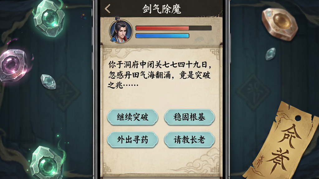 画面为手机屏幕竖版界面展示,屏幕内显示“剑气除魔”游戏的文字交互界面,上方有角色头像和血条蓝条,中间是几行描述剧情的文字:“你于洞府中闭关七七四十九日,忽感丹田气海翻涌,竟是突破之兆……”下方有四个选项按钮,分别写着“继续突破”“稳固根基”“外出寻药”“请教长老”。界面采用仿古书卷的米黄色底纹,文字为黑色楷体,按钮为淡青色圆角矩形。手机周围散落着几枚灵石和一张符的装饰元素。整体风格为古风仙侠UI设计展示图,画质清晰,排版整洁,突出文字游戏的界面特征。