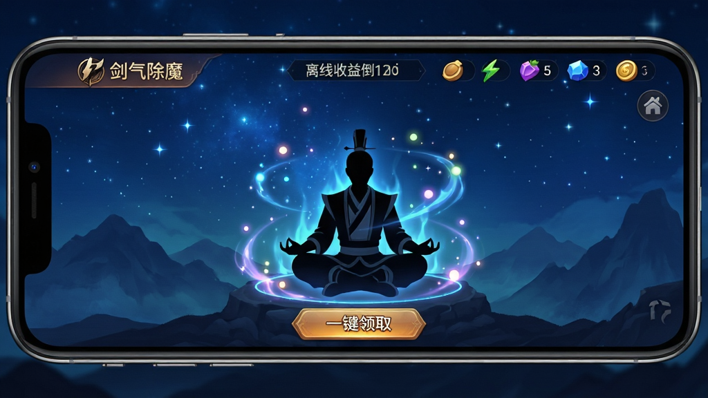 手机屏幕显示“剑气除魔”游戏挂机界面,画面中央是一个正在打坐的修士剪影,周围有灵气汇聚的光点飘动,屏幕顶部显示离线收益倒计时和资源图标,底部有“一键领取”按钮。背景为深蓝色星空与远山轮廓,整体风格安静祥和,突出放置修仙的轻松氛围。画质清晰,无多余文字和杂乱元素,适合作为挂机功能介绍图。