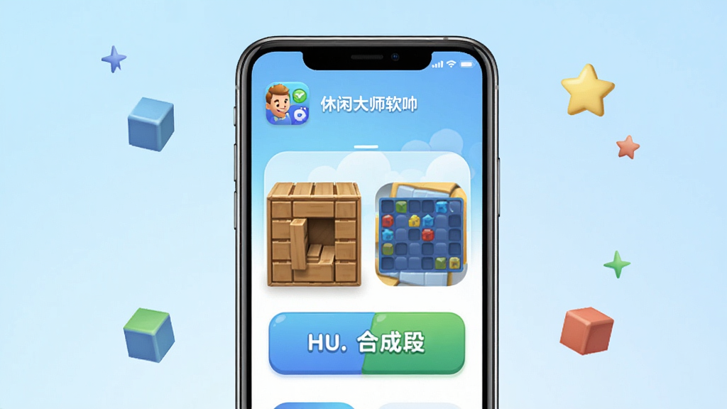 一张展示休闲大师软件主界面的预览图,画面中央是手机屏幕,屏幕内呈现休闲大师的应用图标与首页布局,首页有推箱子和合成消除两个主要入口按钮,背景为淡蓝色渐变,整体风格清爽简洁,手机周围散落几个小方块和星星装饰元素,画质清晰,干净,无多余元素