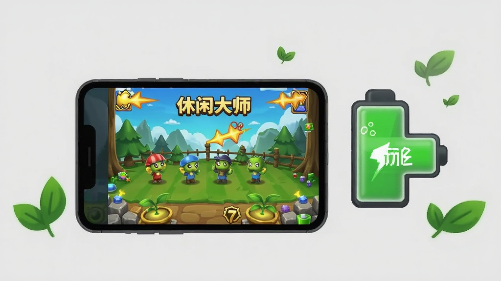 一张休闲大师低耗电运行示意图,画面中手机屏幕显示休闲大师游戏画面,旁边有一个电量图标显示充足电量,手机周围有绿色的小叶子装饰代表节能环保,背景为浅灰色,整体风格简约现代,画质清晰,干净,无多余元素