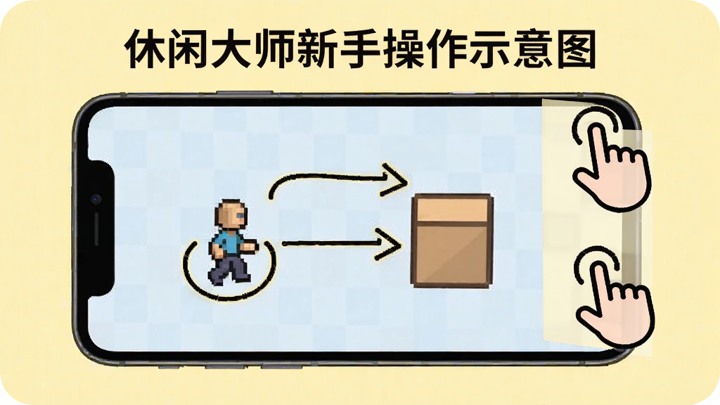 一张休闲大师新手操作示意图,画面展示一部手机屏幕,屏幕上用箭头和圆圈标注了推箱子玩法中角色移动和箱子推动的方向,旁边有简单的手势图标说明滑动操作,背景为浅黄色,整体风格像一张简洁的教学卡片,画质清晰,干净,无多余元素