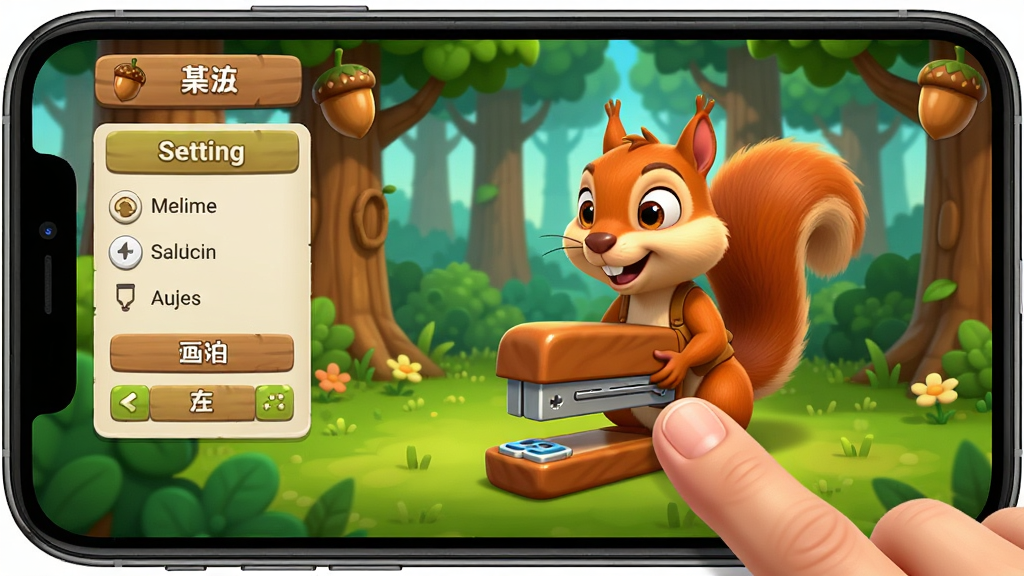 手机屏幕显示Squirrel Stapler游戏界面,一只卡通松鼠在森林中,手指正在点击屏幕,画面旁边有设置菜单和画质选项,风格为3D卡通,色彩明亮,细节清晰,画质高清,干净无多余元素