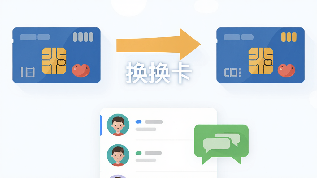 换换卡软件功能展示图,画面左侧是旧SIM卡图标,右侧是新SIM卡图标,中间有箭头和“换换卡”文字,下方展示联系人列表和短信图标,整体采用扁平化设计风格,色彩明快,画质干净,无多余装饰