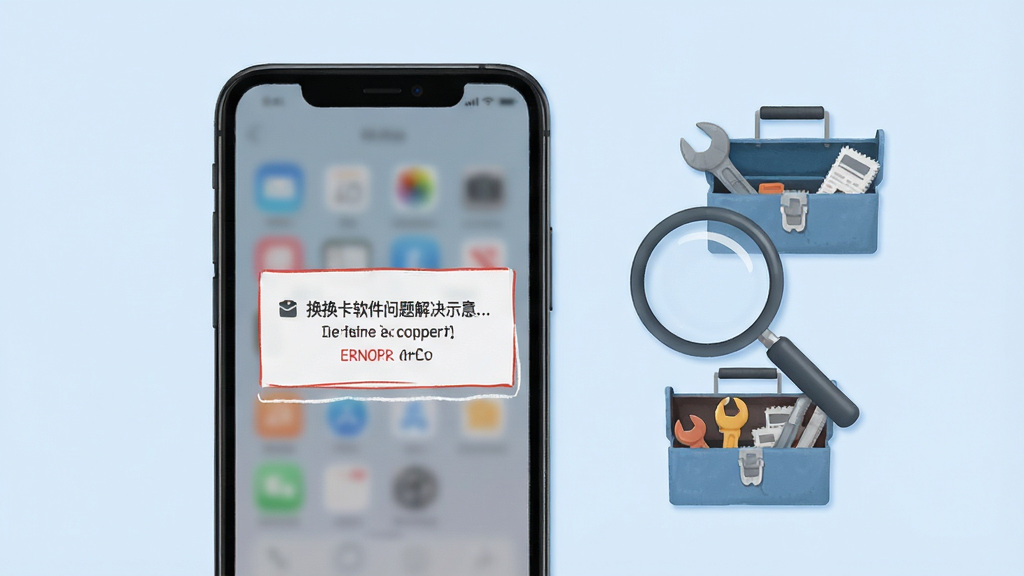 换换卡软件问题解决示意图,画面展示手机屏幕出现错误提示,旁边有放大镜和工具箱图标,背景为浅蓝色,风格简洁清新,画质干净,无多余元素