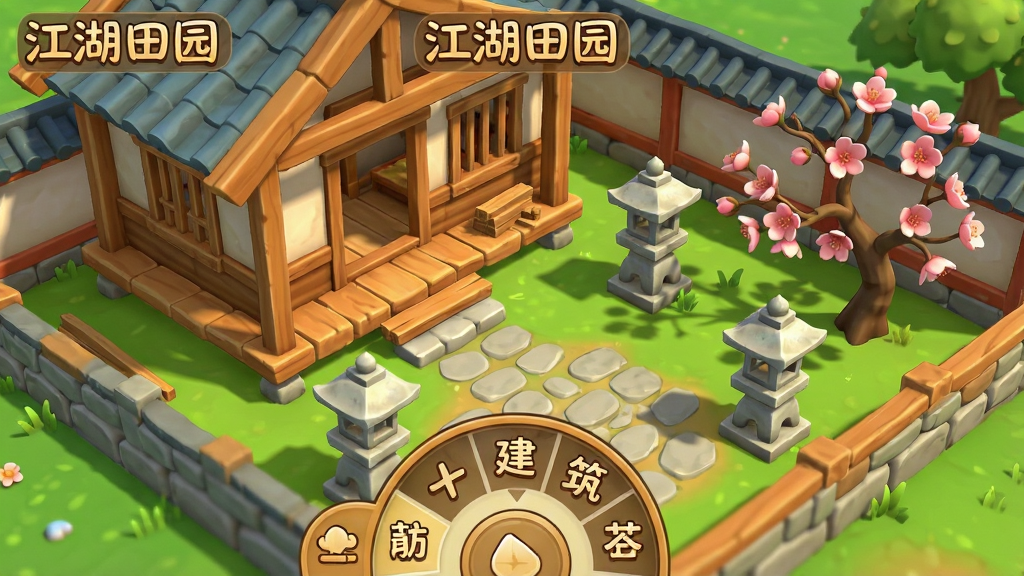 家园建造模式截图,画面展示一个半成品的古风庭院,有正在建造中的木屋、摆放中的石灯笼和桃树,界面底部有建筑选择轮盘,画面中标注