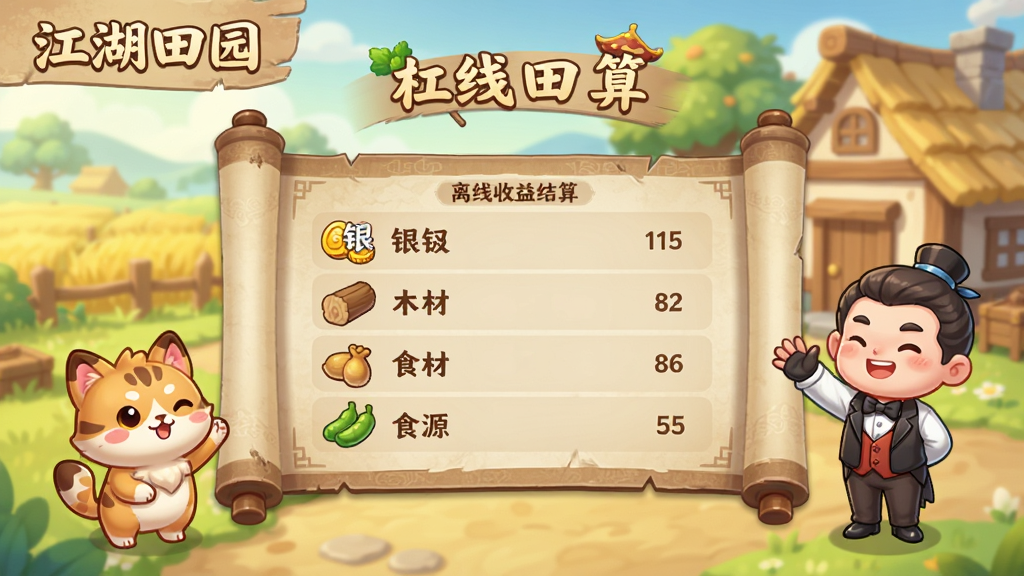 离线收益结算界面,画面中央显示一个古风卷轴,上面列出离线期间获得的银两、木材、食材等资源,旁边有可爱的宠物和管家NPC在挥手,背景是温馨的田园小屋,画面中带有