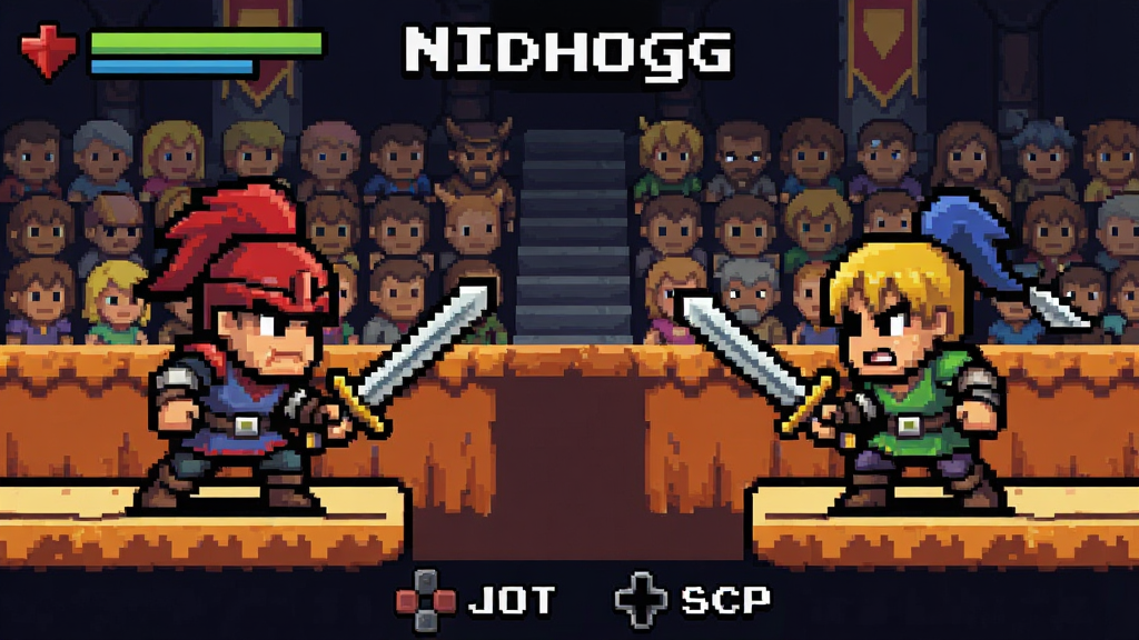 一张展现“Nidhogg”本地双人对战的画面,两名像素剑客在狭长的平台两端对峙,画面底部有简单的操作提示图标,背景是像素风格的竞技场观众席,布局采用水平对称构图,风格为明快活泼的像素插画,细节上强调双方剑拔弩张的紧张气氛,画质干净,无杂乱元素